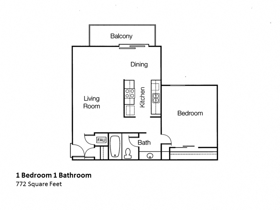Floor plan for 1 bed, 1 bath, 772 sqft